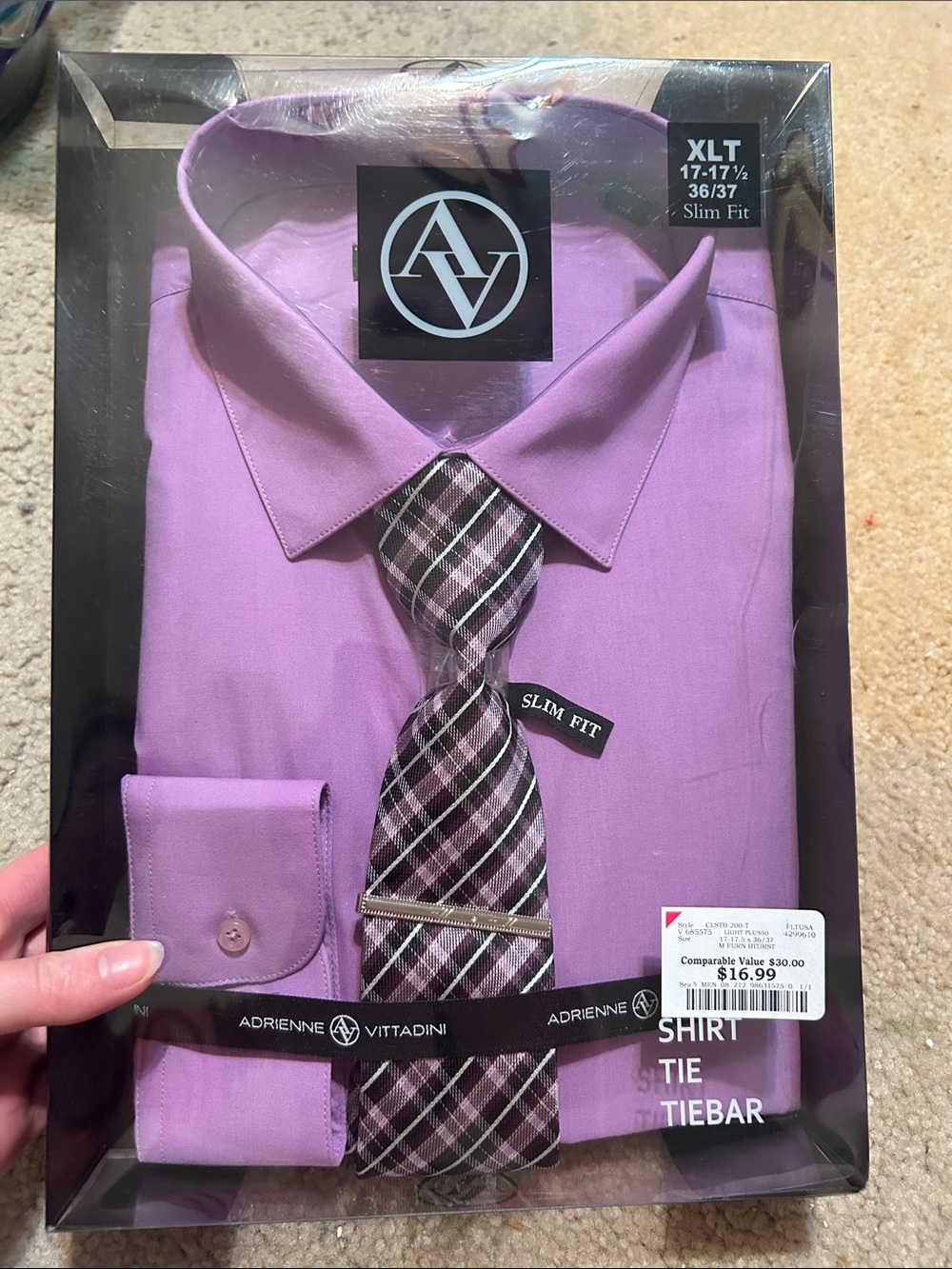 Adrienne Vittadini Men’s Dress Shirt with Plaid Tie in Lavender and Black